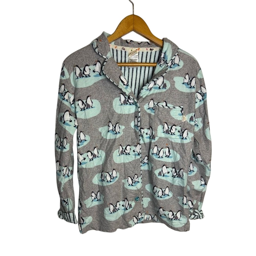 Munki Munki Pajama Top Button Down Size S‎ penguin Novelty Print gray Flannel